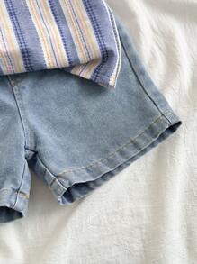 SHEIN Vintaside Kids Baby Boy Casual Outfit Set: Collared Short Sleeve Striped Shirt With Washed Denim Shorts, Suitable For Spring/Summer Wear, Home, Vacation, Gathering, Providing Comfortable And Fashionable Look - Multicolor - View 8