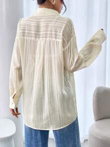Chiquease Blusa holgada y ligera de manga larga semitransparente con hombros caídos y rayas, para primavera/verano - Albaricoque - Ver 2