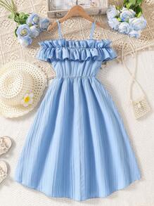 SHEIN Vintaside Kids Tween-Mädchen Lässiges, verstellbares, schlichtes, gewebtes Kleid mit Rüschen, Frühling/Sommer, Off-Shoulder