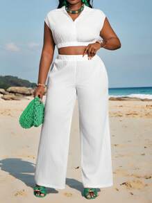 Slaydiva 全新百搭性感简约休闲白色盖袖衬衫和宽松阔腿裤两件套，女式加大码，西装