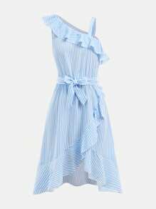 SHEIN Teens (Girls) Sleeveless Striped Front Tie Casual Simple Dress - Blue - View 2