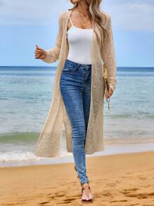 EMERY ROSE Women's Holiday Casual Solid Color Hollow Knitted Side Slit Thin Cardigan - Apricot - View 3