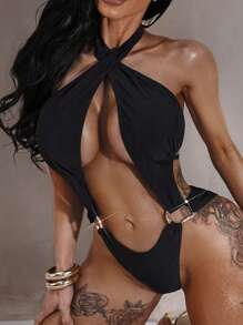 Swim SXY Bộ đồ bơi Monokini hở lưng thiết kế khoét sâu màu đen gợi cảm dành cho nữ, lễ hội nghỉ xuân, kỳ nghỉ hè ở bãi biển - màu đen - Xem 7