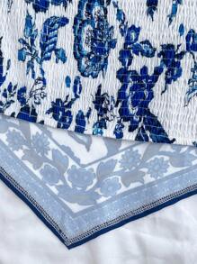 SHEIN Teen Girls Asymmetrical Hem Square Collar Vacation Shirt With Plant Print - Blue and White - View 4