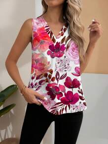 Glamance Anis Illustration Blusa sin mangas con cuello en V y estampado floral para mujer, casual, de vacaciones. Adecuado para Ibiza, festivales y estilo occidental