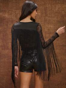 WESTFADE Mixed Media Lace & Knit Round Neck Long Sleeve Fringe Festival Top - Black - View 2