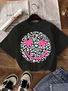 SHEIN Leap Crew Tween Girl Heart & Leopard Print Tee - Black - View 1
