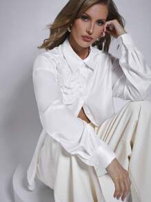 COSMINA Áo cánh dài tay màu trắng họa tiết hoa 3D thanh lịch dành cho nữ, Xuân/Hè - trắng - Xem 5