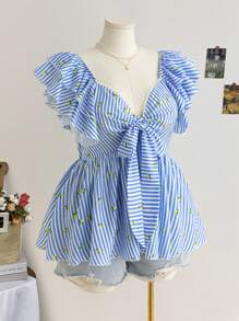 Soleia Plus Size Women Vacation Spring Blue Striped Lemon Printed Cap Sleeve Front Tie Hem Blouse - Multicolor - View 8