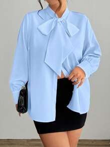 Calvaya 大码纯色时尚休闲蝴蝶结长袖基本款衬衫，适合春秋季节