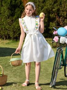 1 pièce Robe chemise à volants avec imprimé floral pour fille, convient pour les vacances à la plage et les voyages à la campagne - Blanc - Voir 3