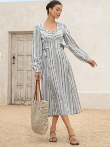 GENKIRA Light Grey,Autumn,Ellegant,Tea Party Vintage French Countryside Ruffle U-Neck Puff Sleeve Tie Waist Slim Butterfly Decor Striped A-Line Midi Dress - Multicolor - View 5
