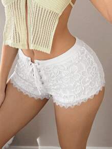 Sweetina Spring Summer Women Beach Going Out Cute White Lace Solid Color Low Waist Lace-Up Mini Shorts
