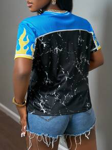 Slaydiva New Spring And Summer Casual Street Sports Style V-Neck Loose Raglan Sleeves 23 Slogans Logo Blue Splicing Smudged Tattered Black Yellow Flame All-Over Printed Women's T-Shirt-A