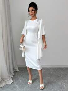 Elenzga Standard Sized Women's Sequin Stripe Decor Solid Round Neck Flare Sleeve Elegant Dress - White - View 3