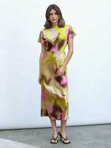 Maija 女士优雅浪漫扎染印花丝缎短袖褶皱腰长裙，适合音乐节、复活节 - 彩色 - 查看 3