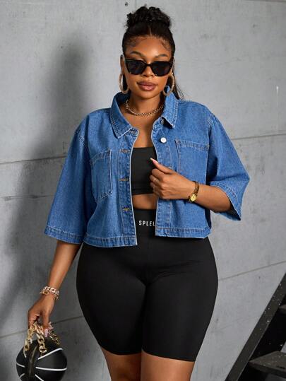 SHEIN SXY Plus Size Women Inelastic Denim Short Jacket