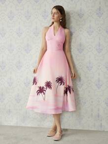 SHEIN MOD 女士海滩风景印花吊带连衣裙，度假