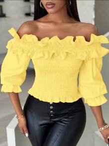 Chiquease Women's Summer Cream Ruffle Decor Open Shoulder Short Blouse, Suitable For Music Festivals, Graduation - Yellow - View 6