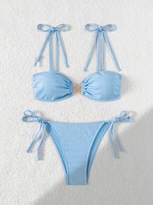 Swim Mod Women Cute Flower Tie-Up Special Fabric Swimwear Bikini Set, For Summer Beach Vacation - Blue - View 5