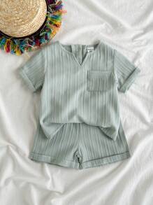 SHEIN 2pcs/Set Baby Boy Casual Textured Fabric Top & Shorts, Set - Multicolor - View 4