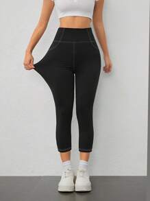 SHEIN EZwear Black Knit Yoga Sports Color Block Stitching 3/4 Leggings - Black - View 5