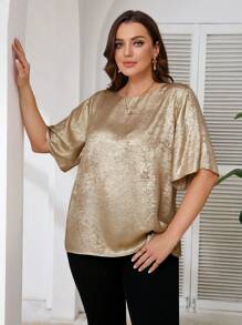 SHEIN Frenchy 1 Pieza Camiseta dorada de manga corta para mujer de talla grande, camiseta dorada de corte holgado a la moda, nuevo lanzamiento de primavera y verano 2025 - Dorado - Ver 4