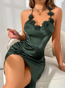 女士花卉 3D 细肩带 V 领高开衩中长款睡袍，丝绸质感 - 墨綠色 - 查看 2