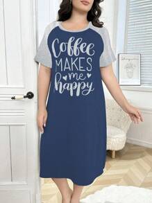 SHEIN Plus Size Letters Print Contrast Color Dropped Shoulder Short Sleeve Nightgown - Blue - View 3