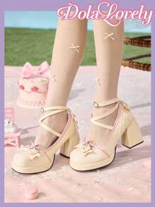 Dola Lovely 女士休闲时尚防滑粗跟厚底蓝色可爱卡哇伊蝴蝶结高跟鞋
