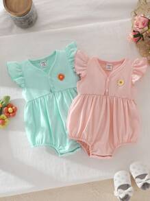 Body de verano para bebé niña con mangas con volantes, decoración floral linda y cuello en V, para uso diario en colores alegres y dulces - Multicolor - Ver 7