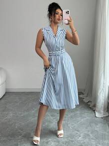 Elenzga Vestido básico de verano de longitud media sin mangas a rayas para mujer - Azul y blanco - Ver 4