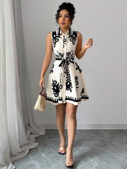 Elenzga Vestido corto sin mangas con botones delanteros y estampado vintage para vacaciones casual de mujer