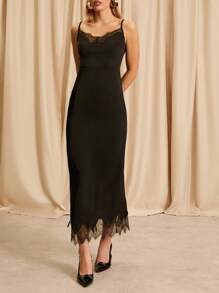 Glamine Women's Elegant Solid Color Lace Trim Spaghetti Strap Dress, For Party - Black - View 3