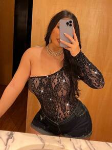 Flirla Body sexy con agujeros y diamantes de imitación para mujer de talla grande - Negro - Ver 4