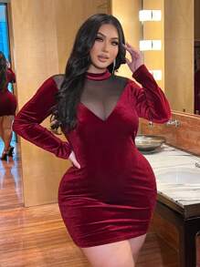 Franclia Plus Size Women Solid Color Stand Collar Mesh Short Sleeve Simple Shift Dress, Wine Red - Burgundy - View 5