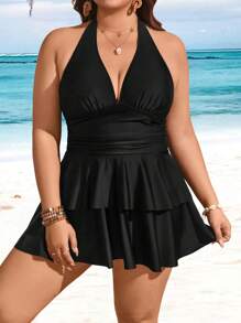 Swim Lushoire Vestido de baño y Bottom con volantes de varios niveles en unicolor, estilo halter fruncido, para tallas grandes, para vacaciones de verano en la playa