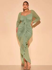 SHEIN BAE Vêtements printemps été grande taille Robe crayon élégante à manches longues avec épaulettes volanté en couleur unie pour femmes. Robe longue en maille rouge à volants plissés. Idéale pour le quotidien, les sorties romantiques et les vacances