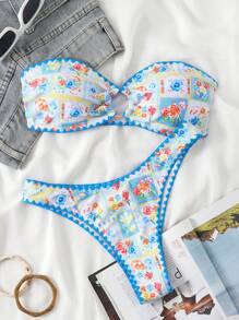 Swim Vcay 女士春假 2 件花卉印花纹理无肩带比基尼泳装套装，优雅假日休闲派对，适合夏季海滩度假 - 彩色 - 查看 5