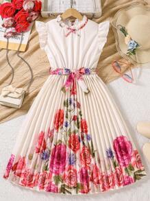 SHEIN Tween Girls Minimalist Fashion Casual Everyday Digital Print Pleated Dress - Apricot - View 3