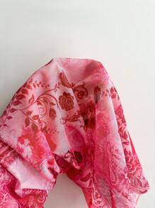 Soleia 新款复古印花V领领带前蝴蝶结喇叭口袖不对称下摆女式衬衫，春夏 - 玫紅色 - 查看 6