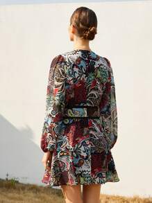 SHEIN Privé Vintage V-Neck Retro Folkloric Printed Contrast Ruffle Hem Short Dress For Women Fall Cloth For Women - Multicolor - View 2