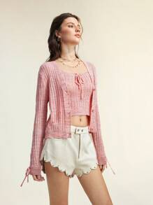 SHEIN LUNE 2pcs/Set Women &Charm Casual Elegant Knit Camisole&Tie-Up Skirt Set,Summer Vacation Beach Outfits,Dresses,Fall Cloth,Pink,Autumn,Sweet,Brunch - Pink - View 6