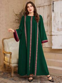 Al Najma 女士拼接宽松休闲连衣裙，圆领，喇叭袖，加大码，阿拉伯复古风格 - 綠色 - 查看 6