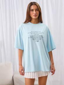 Manfinity INSISELF Unisex Casual Knit Letter Printed Loose Drop Shoulder Crew Neck Short Sleeve T-Shirt, Suitable For Daily Wear