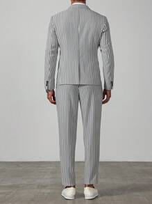 Manfinity Mode Men's Casual Button Front Striped Pocket Long Sleeve Top & Long Pants 2pcs Set - Black and White - View 2