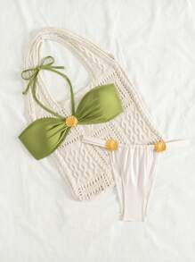 Swim Mod Conjunto de Maiô Bikini Halter Verde Mostarda e Bege para Mulheres, Top e Calcinha, Decoração de Conchas, Férias, Praia de Verão - Multicolorido - Visão 5