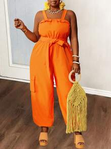 Slaydiva R New 2025 Curve Plus Size Women Solid Color Orange Sleeveless Strap Jumpsuit Spring/Summer - Burnt Orange - View 2
