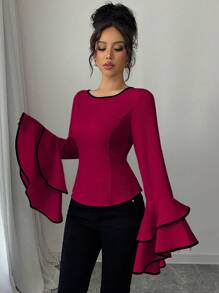 Elenzga Design Sense 圆领直肩长款喇叭袖双层彩边女式收腰衬衫