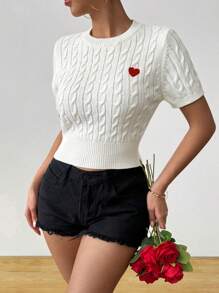 Chiquease Top cómoda, linda y dulce con bordado de corazón blanco a juego